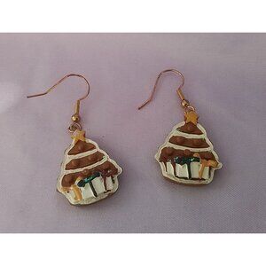 Vintage Christmas Tree Gingerbread Earrings Holiday